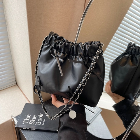 Damen Mode Schleife Kordelzug Umhängetasche PU Leder Plissee Cloud Eimertasche Mit Kette Schultergurt Lässige Handtasche