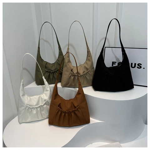 Women Ruched Nylon Shoulder Bag Pleated Casual Hobo Handbag Solid Color Versatile Daily Commuter Fashion Tote