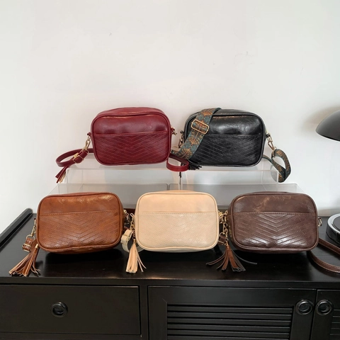Vintage PU Leder Kameratasche Für Damen V-Gesteppte Umhängetasche Mit Ethno Breitem Gurt Und Quaste Crossbody Tasche Groß