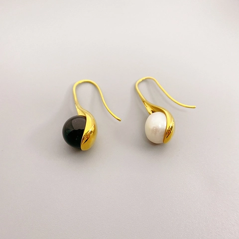 Minimalist Brass Gold Platinum Plated Cultured Artificial Pearl Black Agate Hook Earrings For Women Elegant Geometric Dangle Ear Jewelry