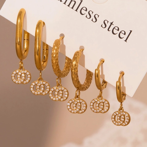 Mode Edelstahl Zirkonia Ohrringe Vergoldet Ineinandergreifende Doppelring Wassertropfen Creolen Hängeohrringe Für Damen Schmuck Geschenk