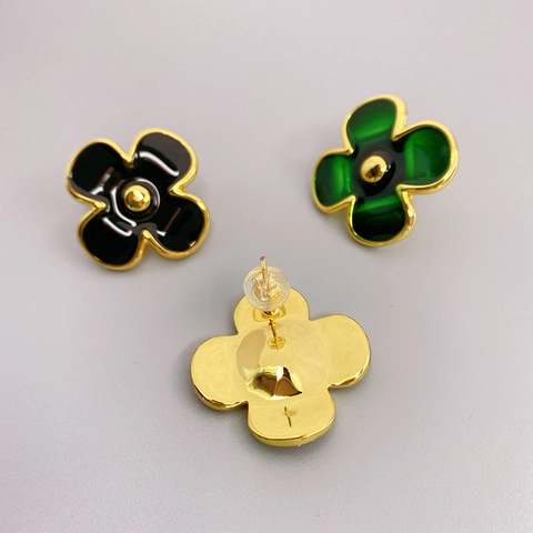 Boucles D'Oreilles Puces En Forme De Fleur Laiton Plqué Or 18K Émail Avec Tige En Argent Sterling 925 Pour Femmes