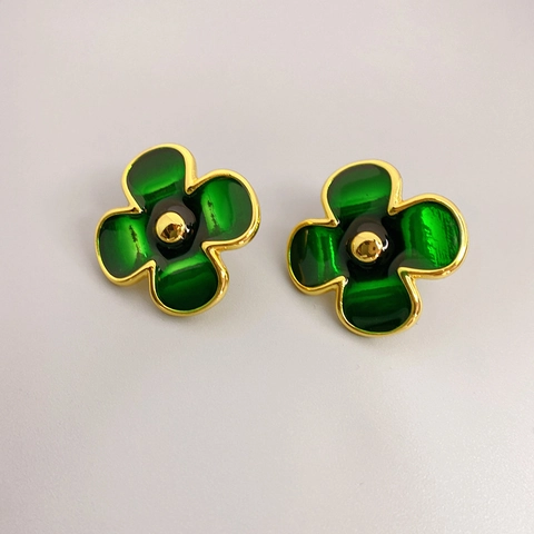 Boucles D'Oreilles Puces En Forme De Fleur Laiton Plqué Or 18K Émail Avec Tige En Argent Sterling 925 Pour Femmes