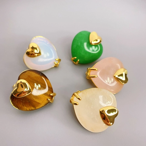 18K Vergoldet Herz Ohrstecker Für Damen 925 Sterlingsilber Stift Naturstein Tigerauge Opal Grüner Achat Clip Ohrringe Vintage Mode Schmuck