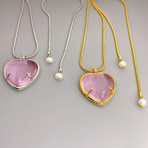 Heart Pendant Necklace Copper Pink Crystal Cubic Zirconia Adjustable Long Snake Chain Sweater Jewelry For Women