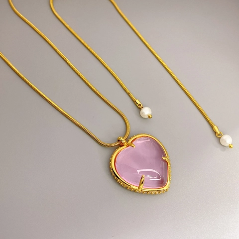 Heart Pendant Necklace Copper Pink Crystal Cubic Zirconia Adjustable Long Snake Chain Sweater Jewelry For Women