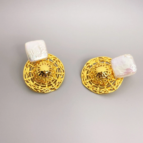 Baroque Cultured Square Artificial Pearl Earrings With 925 Sterling Silver Earring Post Detachable Straw Hat Vintage Women