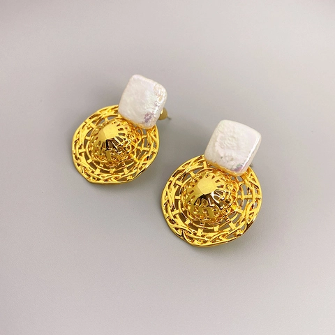 Baroque Cultured Square Artificial Pearl Earrings With 925 Sterling Silver Earring Post Detachable Straw Hat Vintage Women