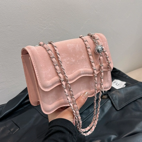 Borsa a Tracolla Vintage Donna con Patta a Onde e Tracolla a Catena con Sfera in Metallo Regolabile Pelle PU Moda Crossbody