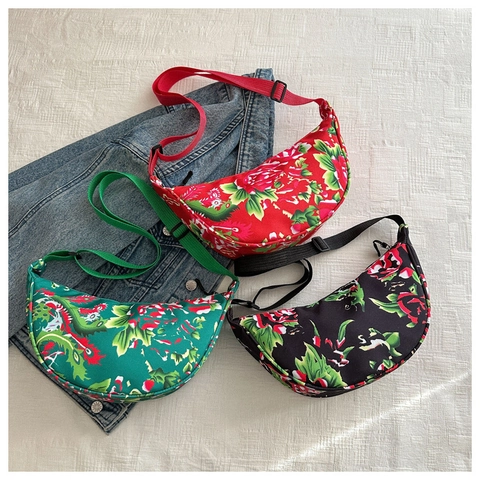 Vintage Ethnic Peony Print Oxford Cloth Shoulder Bag For Women Casual Half Moon Dumpling Crossbody Bag Adjustable Strap