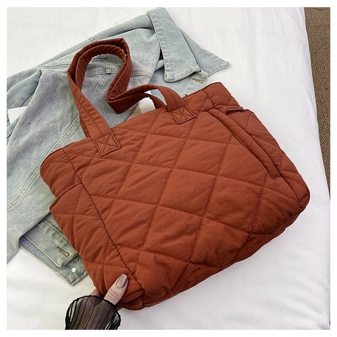 Fashion Large Capacity Women Nylon Quilted Tote Bag Casual Rhombic Stitching Shoulder Handbag For Commuting Travel Daily Work
