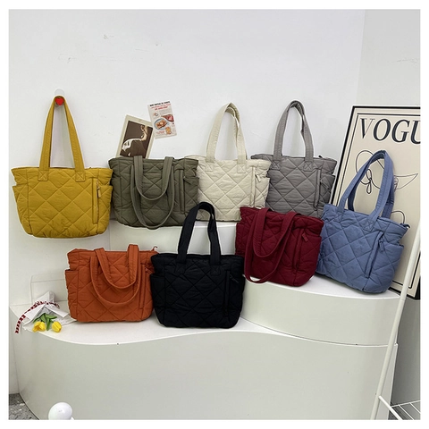 Fashion Large Capacity Women Nylon Quilted Tote Bag Casual Rhombic Stitching Shoulder Handbag For Commuting Travel Daily Work