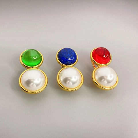 Orecchini A Lobo Perla Artificial Sintetica Vintage Ottone Placcato Oro 18K Con Perno In Argento 925 Resina Colorata