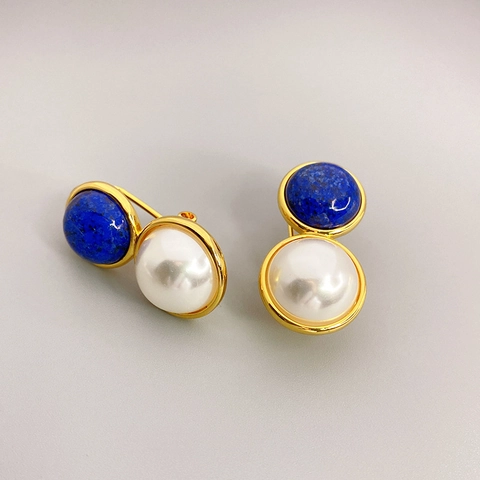 Orecchini A Lobo Perla Artificial Sintetica Vintage Ottone Placcato Oro 18K Con Perno In Argento 925 Resina Colorata