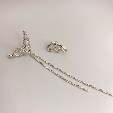Pendientes De Mariposa De Metal Líquido Asimétricos De Cobre Color Plata Borla Larga Cadena Trenzada Joyería Moda