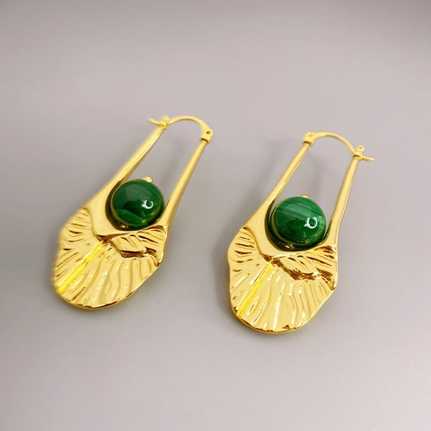Malachit Hängeohrringe 18K Vergoldet Kupfer Retro Fächerform Texturiert Vintage Schmuck Für Damen Mode Accessoire
