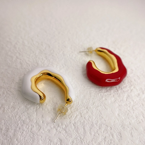 Irregular C-Shaped Enamel Earrings With 925 Sterling Silver Earring Post 18K Gold Plated Copper Fashion Jewelry Women
