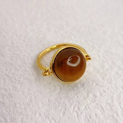 Vintage Brass 18K Gold Plated Ring With Large Round Brown Tiger Eye Style Gemstone Minimalist Fashion Jewelry For Women