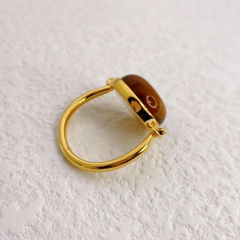 Vintage Brass 18K Gold Plated Ring With Large Round Brown Tiger Eye Style Gemstone Minimalist Fashion Jewelry For Women