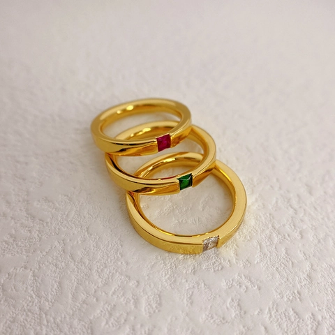 Minimalistisch 18K Vergoldet Kupfer Ring Für Damen Quadratisch Zirkonia Weiß Rot Grün Kristall Geometrisch Schmuck Ring