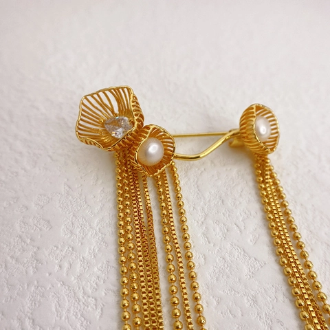 Spilla A Fiore Con Frange Rame Con Perla Artificial E Zircone Spilla A Catena Lunga Elegante Stile Retrò Per Cappotto Maglione Accessorio
