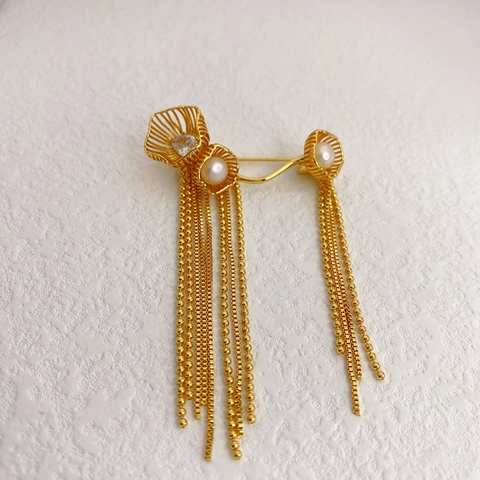 Spilla A Fiore Con Frange Rame Con Perla Artificial E Zircone Spilla A Catena Lunga Elegante Stile Retrò Per Cappotto Maglione Accessorio