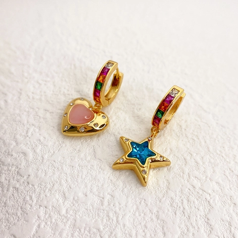 Asymmetrische Ster Hart Koperen Hoop Oorbellen Gekleurde Zirkoon Ingelegd Roze Kattenoog Steen Verguld Mode Sieraden Vrouwen