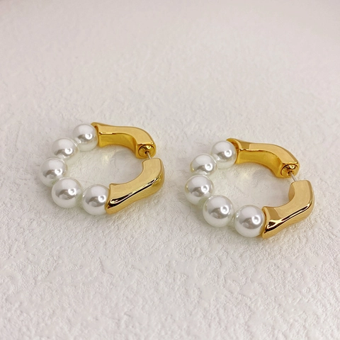 Orecchini A Cerchio A C Dorati Retrò Da Donna Con Perno In Argento Sterling 925 Rame Placcato Oro 18K Perla Artificial