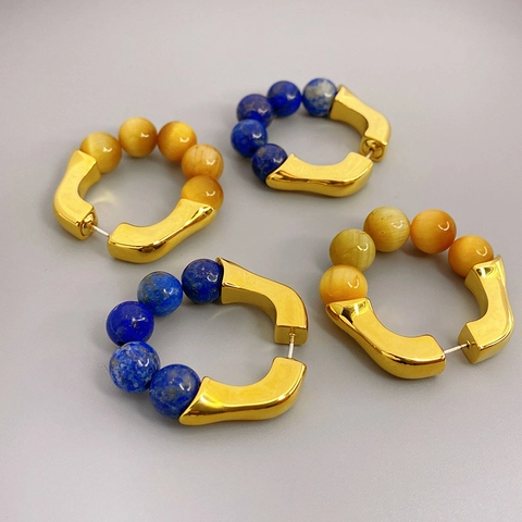 Beaded Creolen Lapislazuli Tigerauge Kunstperle Vergoldetes Kupfer Mit 925 Sterling Silber Ohrstecker Für Damen