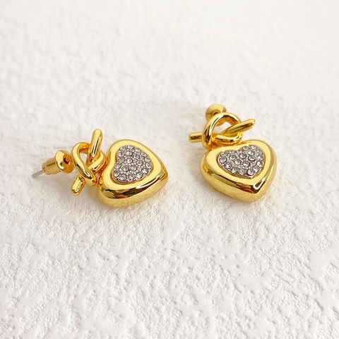 Heart Stud Earrings With Rhinestone And Knot Gold Plated Copper For Women 925 Sterling Silver Earring Post