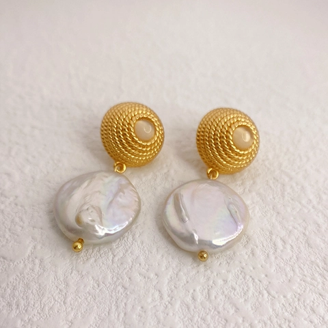 Boucles D'oreilles Pendantes Künstliche Perles Baroques Avec Tige En Argent 925 Vintage Cuivre Plaqué Or 18K Spirale Oeil De Chat