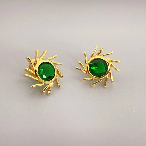 Orecchini A Lobo Sole Per Donna Con Perno In Argento Sterling 925 Zircone Verde Smeraldo Rame Placcato Oro 18K Vintage