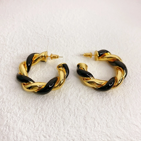 Orecchini A Cerchio Intrecciati A Forma Di C Con Smalto Ottone Placcato Oro 18K E Perno In Argento Sterling 925 Retro Donna