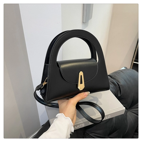 Chic PU Leather Shoulder Crossbody Bag Women Small Square Handbag With Gold Geometric Lock Semicircle Handle Versatile
