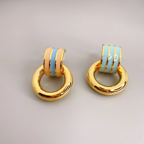 Geometrische Creolen Messing Mit 18K Gold Überzogen Bunte Emaille Streifen Und 925 Sterling Silber Ohrstecker Damen