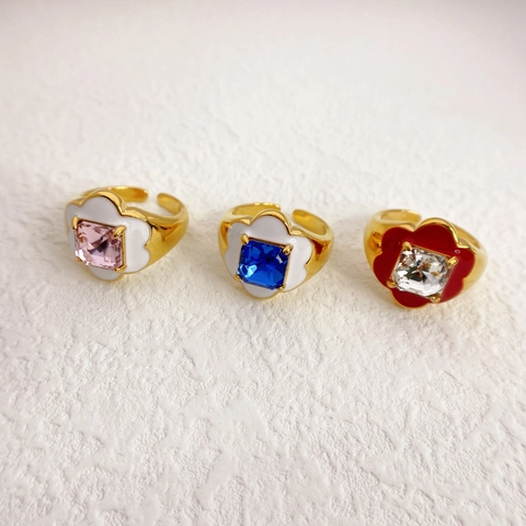 Vintage Bloem Open Verstelbare Ring Messing 18K Verguld Emaille Glazuur Ingelegde Vierkante Zirkonia Sieraden Voor Vrouwen