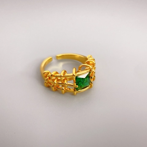 Elegant Copper Adjustable Open Ring For Women With Square Cubic Zirconia 18K Gold Plated Hollow Lattice Design