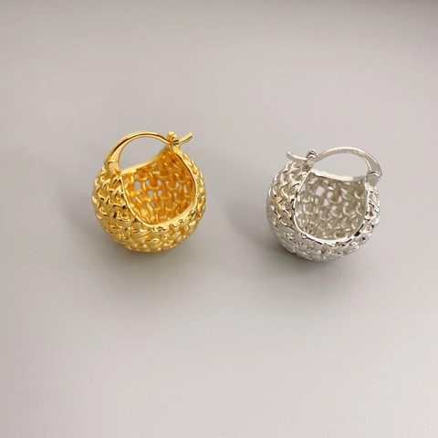 Geweven Textuur Mand Oorbellen Hol Hemisferisch Messing 18K Verguld Onregelmatig Oppervlak Ring Oorbellen Vrouwen Elegant