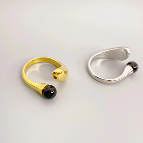 Black Onyx Adjustable Open Ring Copper 18K Gold Plated Asymmetric Minimalist Geometric Fashion Jewelry For Women