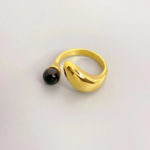 Black Onyx Adjustable Open Ring Copper 18K Gold Plated Asymmetric Minimalist Geometric Fashion Jewelry For Women