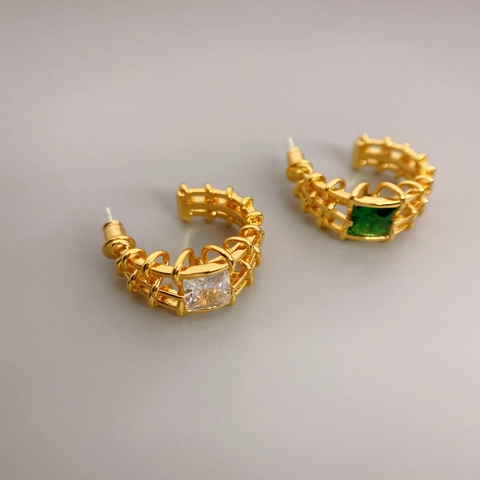 C Shaped Hoop Earrings With 925 Sterling Silver Earring Post Gold Plated Hollow Grid Square Zircon Elegant Jewelry For Women