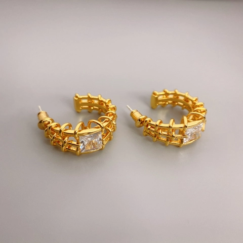 C Shaped Hoop Earrings With 925 Sterling Silver Earring Post Gold Plated Hollow Grid Square Zircon Elegant Jewelry For Women