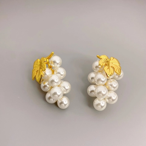 Grape Shaped Stud Earrings With Faux Artificial Pearl And 925 Sterling Silver Earring Post Gold Plated Copper Jewelry For Women