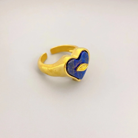 Anillo Ajustable Abierto Forma Corazón Vintage Cobre Chapado Oro 18K Lapislázuli Ojo De Tigre Mate Martillado