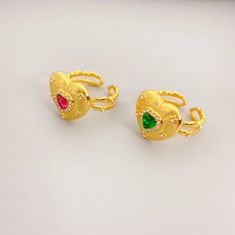 Heart Ring Gold Plated Copper Colorful Zircon Adjustable Open Band Wavy Hollow Vintage Fashion Jewelry For Women