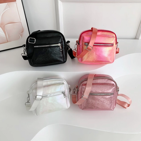 Women Holographic PU Leather Crossbody Bag Small Square Shoulder Bag Metallic Fashionable Purse With Adjustable Wide Strap