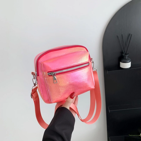Women Holographic PU Leather Crossbody Bag Small Square Shoulder Bag Metallic Fashionable Purse With Adjustable Wide Strap