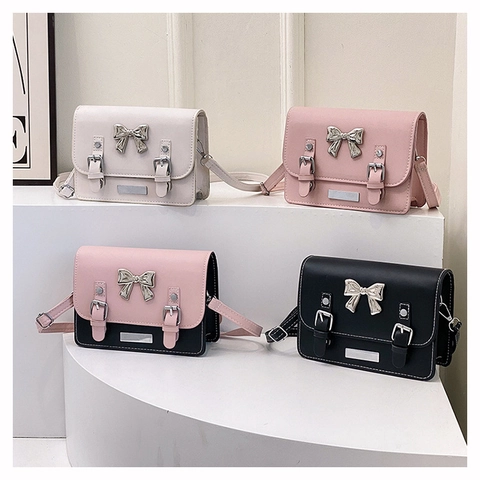 Damen PU-Leder Quadratische Umhängetasche Süße Schleife Cambridge Satchel Mit Verstellbarem Schultergurt Für Den Täglichen Gebrauch