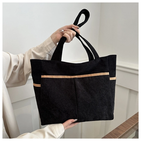 Borsa Tote in Velluto a Coste Grande Capacità per Donna Rétro Casual Borsa a Tracolla Con Tasche Frontali Urban Minimalist