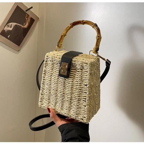 Petit Sac à Bandoulière en Paille Tressée Vintage Avec Poignée en Bambou pour Femme Sac à Main Pastoral Rétro pour Vacances